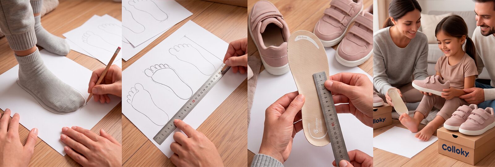 Padres midiendo el pie de su hija en casa con papel, lápiz y regla para saber su talla de zapato