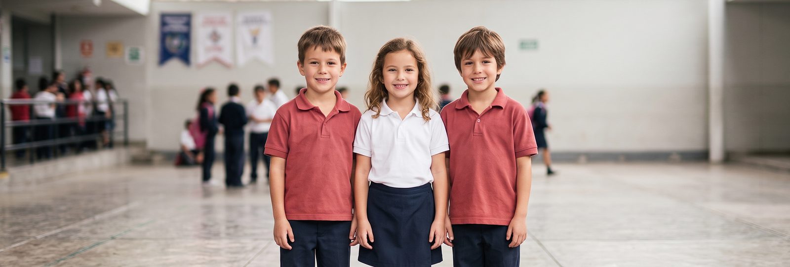 Dos niños con polo escolar rojo y una niña con polo blanco y falda azul marino en el patio del colegio